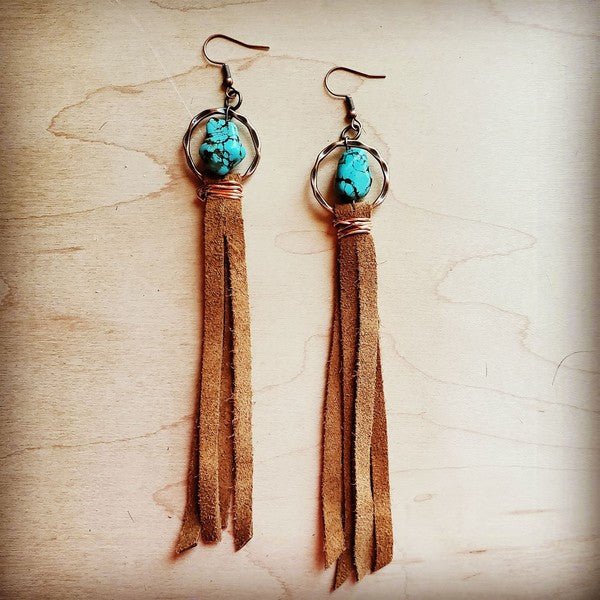 Turquoise drop earrings w/ suede leather tassel - Mad Gringa Hats & Boutique