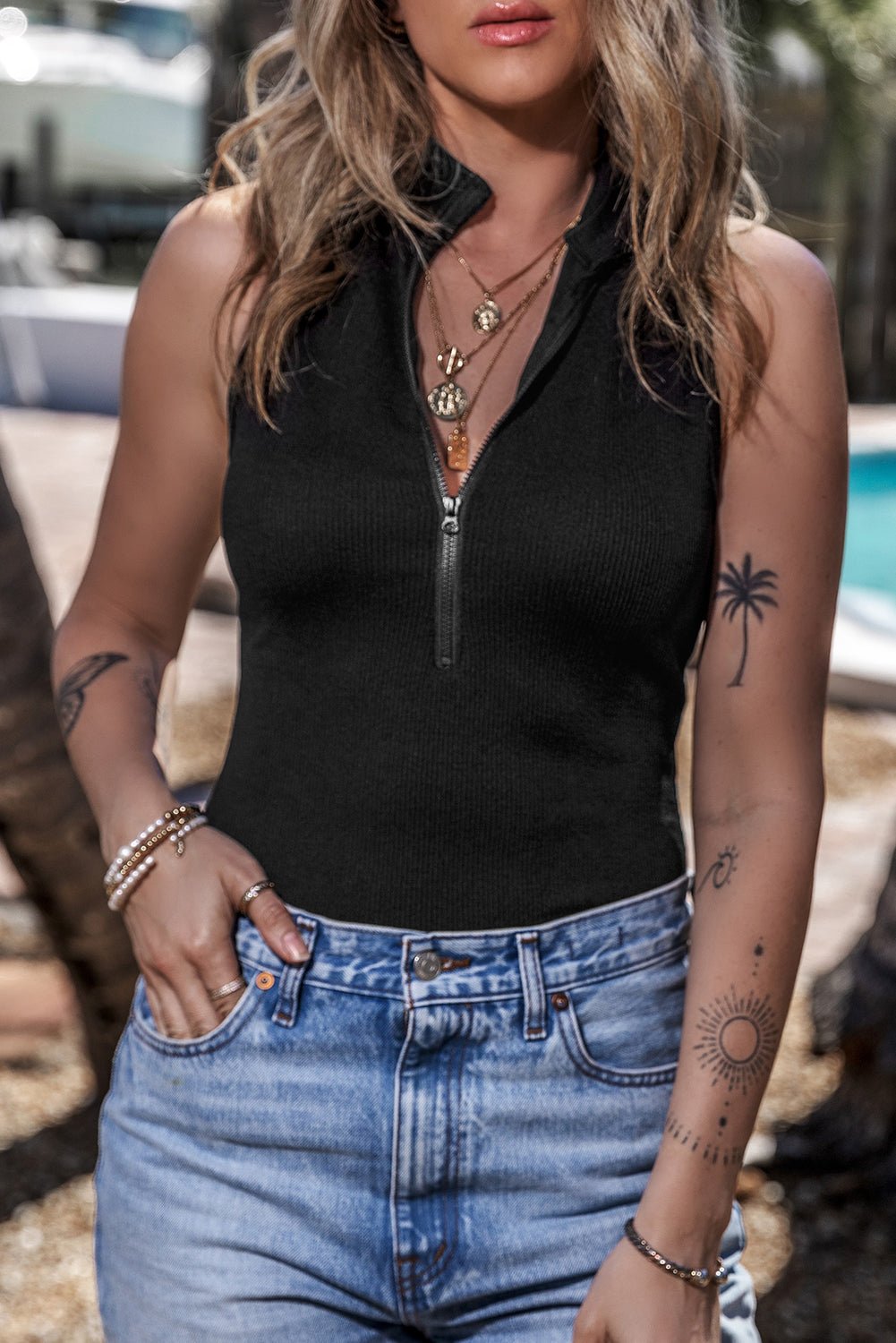 Zip Up Mock Neck Sleeveless Bodysuit - Mad Gringa Hats & Boutique