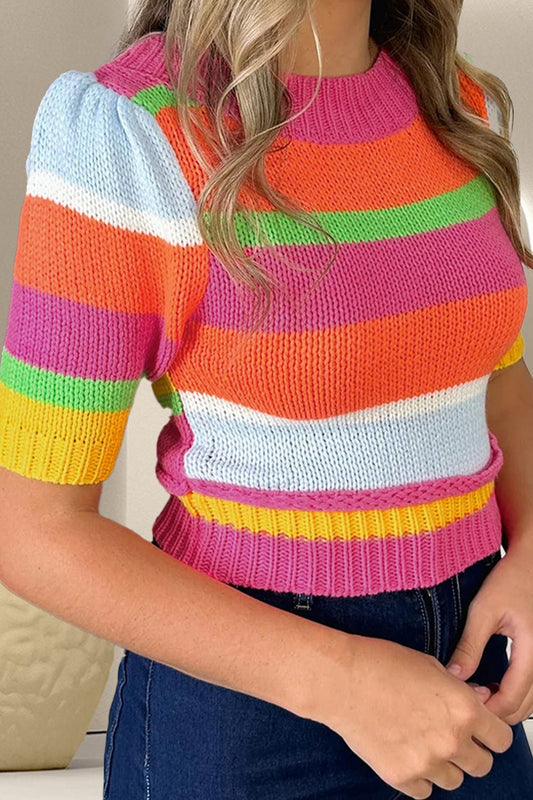 Color Block Round Neck Half Sleeve Knit Top - Mad Gringa Hats & Boutique