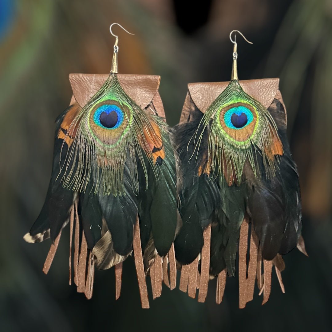 Peacock Leather Feather Earrings - Mad Gringa Hats & Boutique
