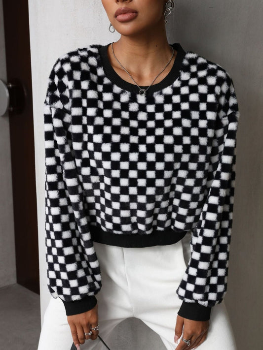 Plaid Round Neck Long Sleeve Sweatshirt - Mad Gringa Hats & Boutique
