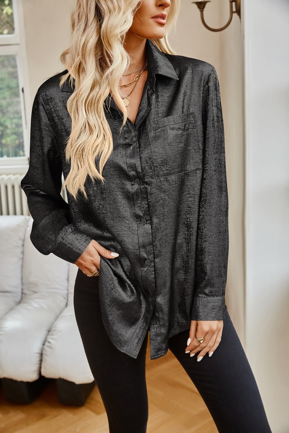 Pocketed Collared Neck Long Sleeve Shirt - Mad Gringa Hats & Boutique