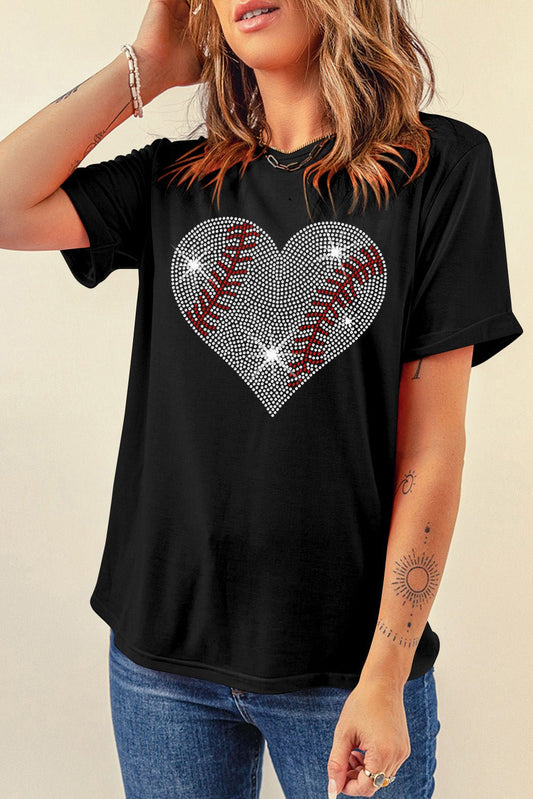 Rhinestone Heart Round Neck Short Sleeve T - Shirt - Mad Gringa Hats & Boutique