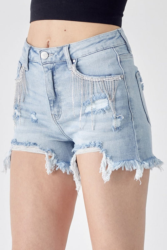 RISEN Frayed Hem Denim Shorts with Fringe Detail Pockets - Mad Gringa Hats & Boutique