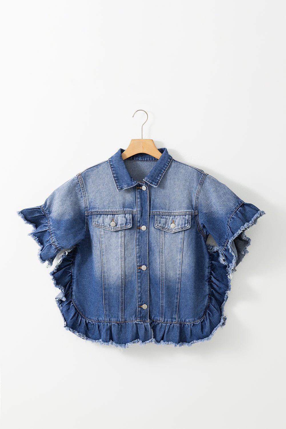 Ruffled Raw Hem Half Sleeve Denim Top - Mad Gringa Hats & Boutique