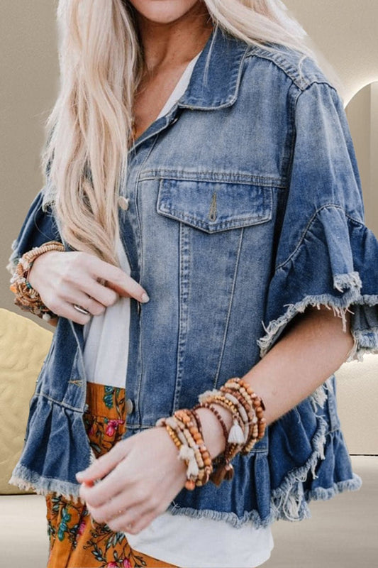 Ruffled Raw Hem Half Sleeve Denim Top - Mad Gringa Hats & Boutique