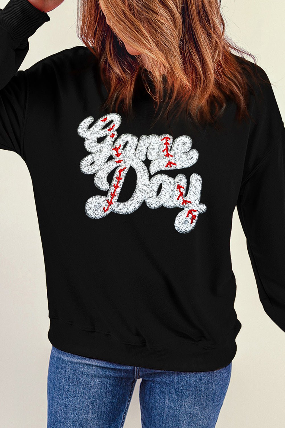 Sequin Letter Graphic Round Neck Long Sleeve Sweatshirt - Mad Gringa Hats & Boutique