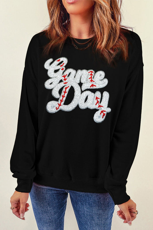 Sequin Letter Graphic Round Neck Long Sleeve Sweatshirt - Mad Gringa Hats & Boutique