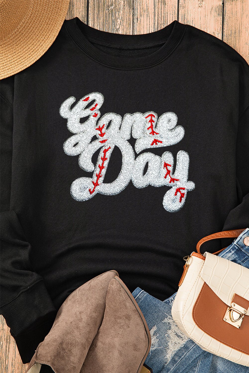 Sequin Letter Graphic Round Neck Long Sleeve Sweatshirt - Mad Gringa Hats & Boutique