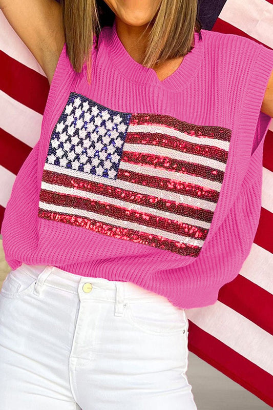 Sequin US Flag Round Neck Sweater Vest - Mad Gringa Hats & Boutique