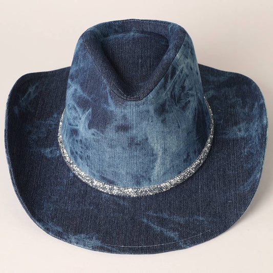 Shiny Rhinestone Band Denim Cowboy Hat - Mad Gringa Hats & Boutique
