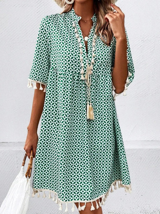 Tassel Printed Notched Half Sleeve Mini Dress - Mad Gringa Hats & Boutique