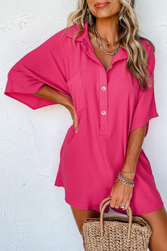 Bright Pink Half Button Collared Loose Romper - Mad Gringa Hats & Boutique