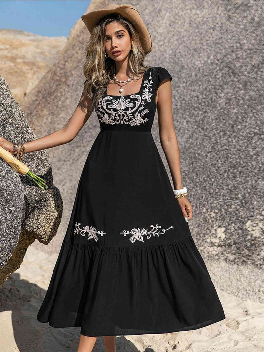 Embroidered Square Neck Ruffle Hem Dress - Mad Gringa Hats & Boutique