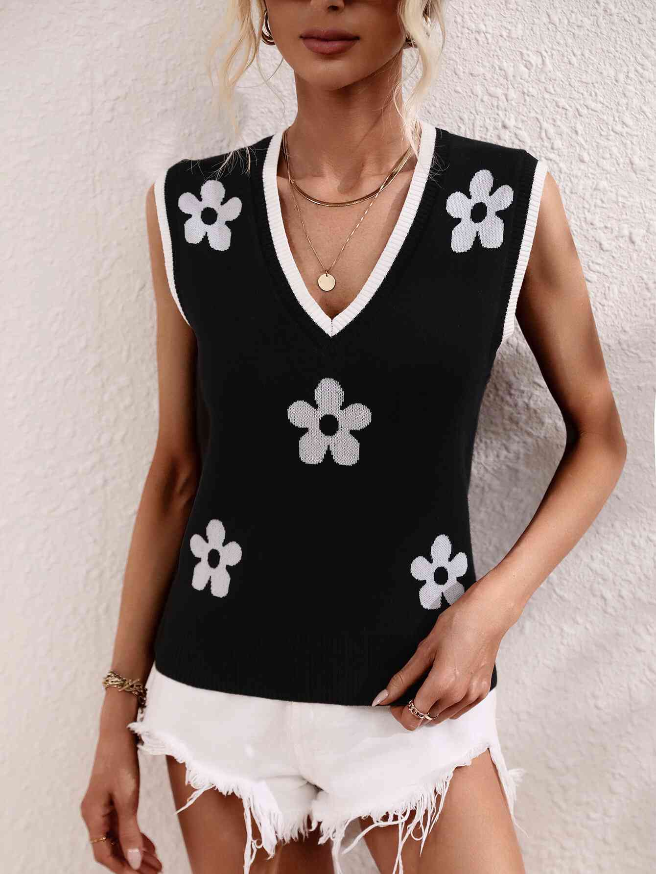 Floral Contrast Ribbed Trim Sweater Vest - Mad Gringa Hats & Boutique