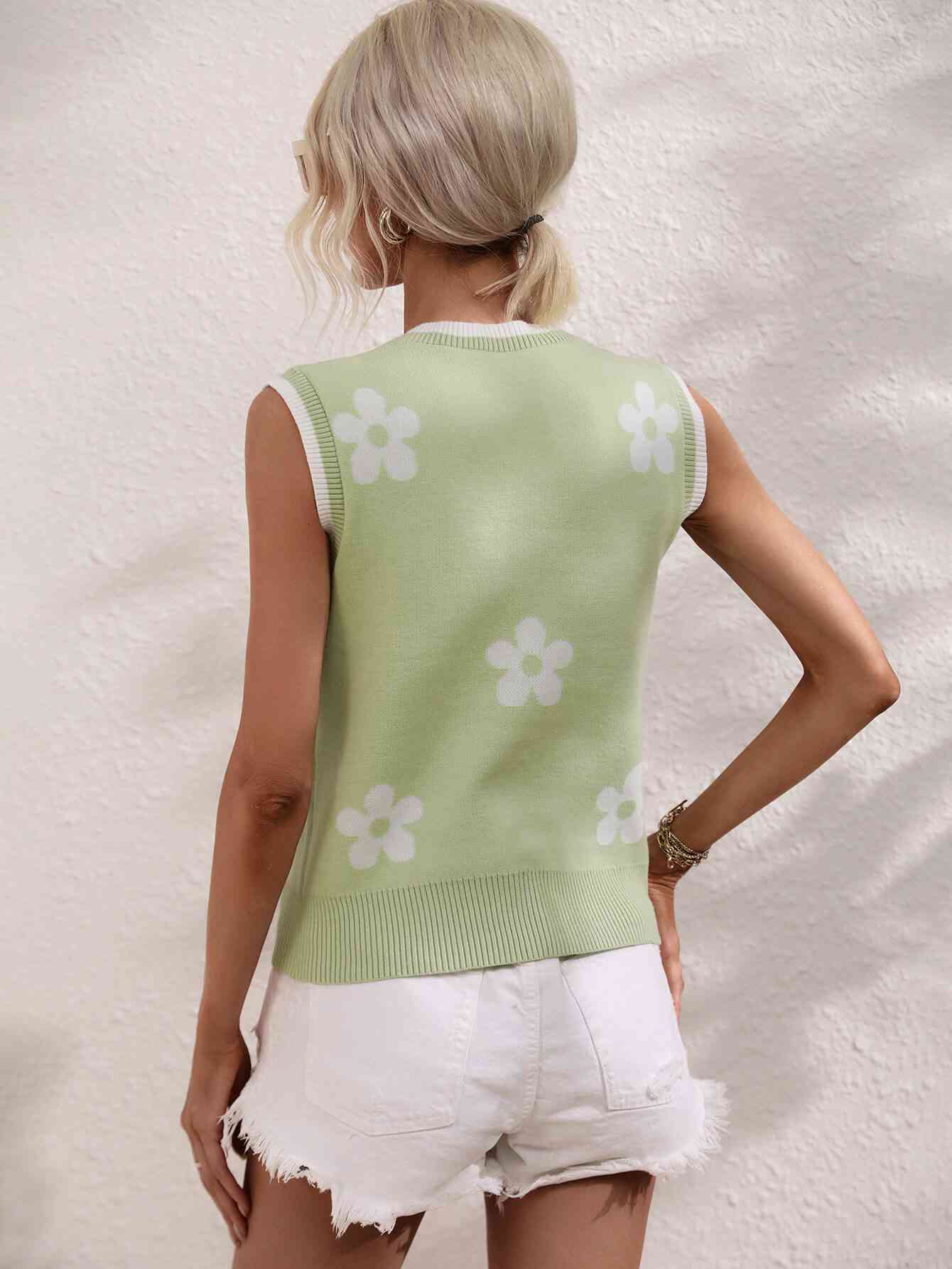 Floral Contrast Ribbed Trim Sweater Vest - Mad Gringa Hats & Boutique