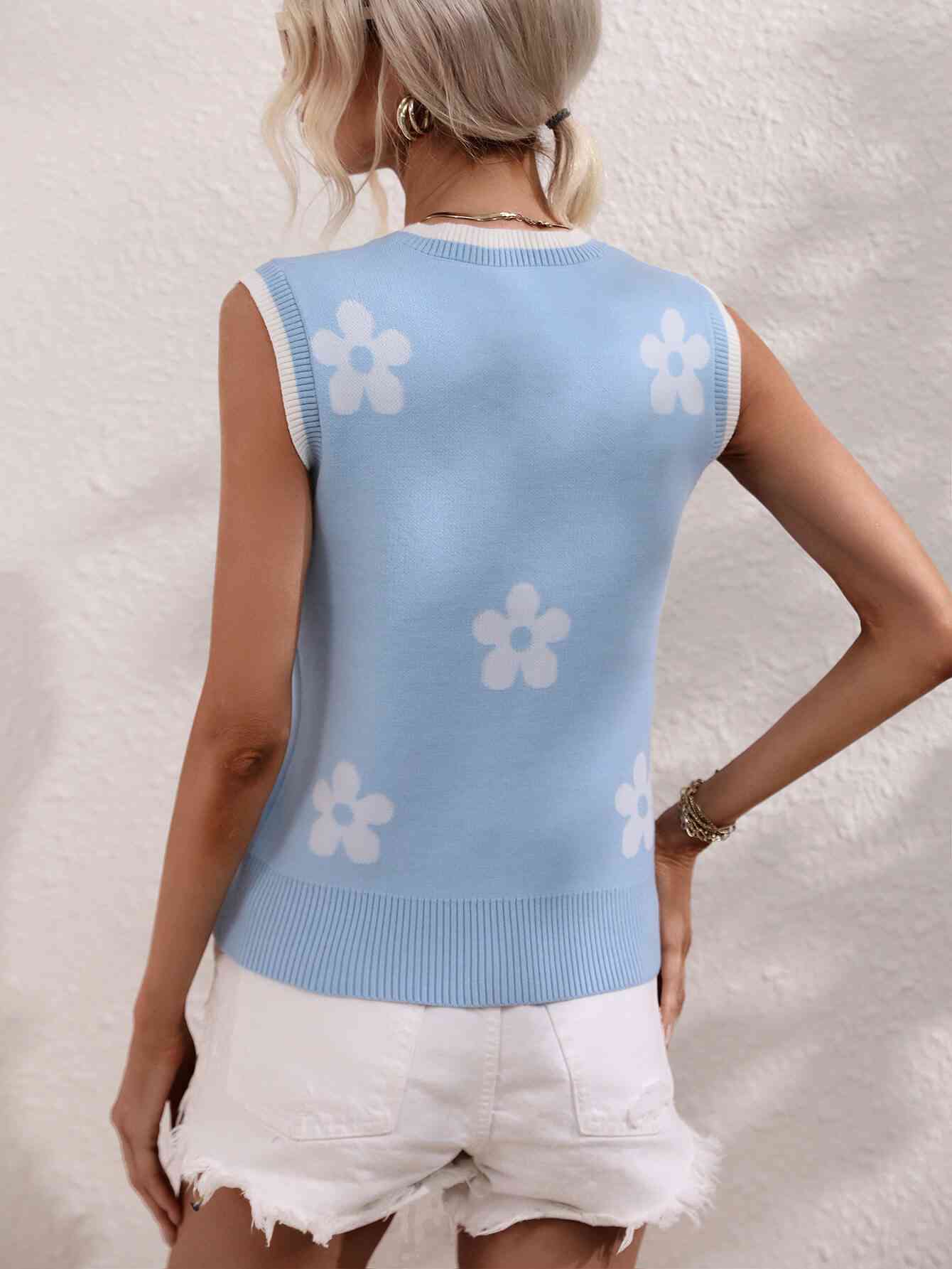 Floral Contrast Ribbed Trim Sweater Vest - Mad Gringa Hats & Boutique