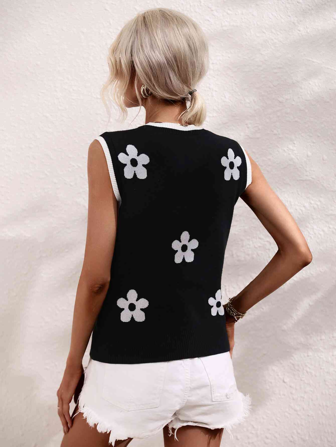 Floral Contrast Ribbed Trim Sweater Vest - Mad Gringa Hats & Boutique