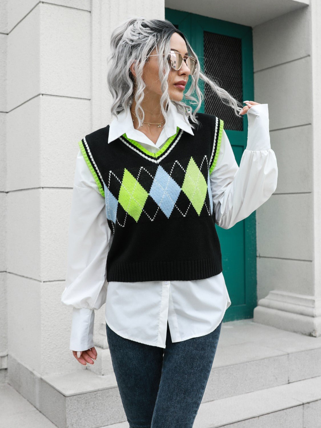Geometric V-Neck Sweater Vest - Mad Gringa Hats & Boutique