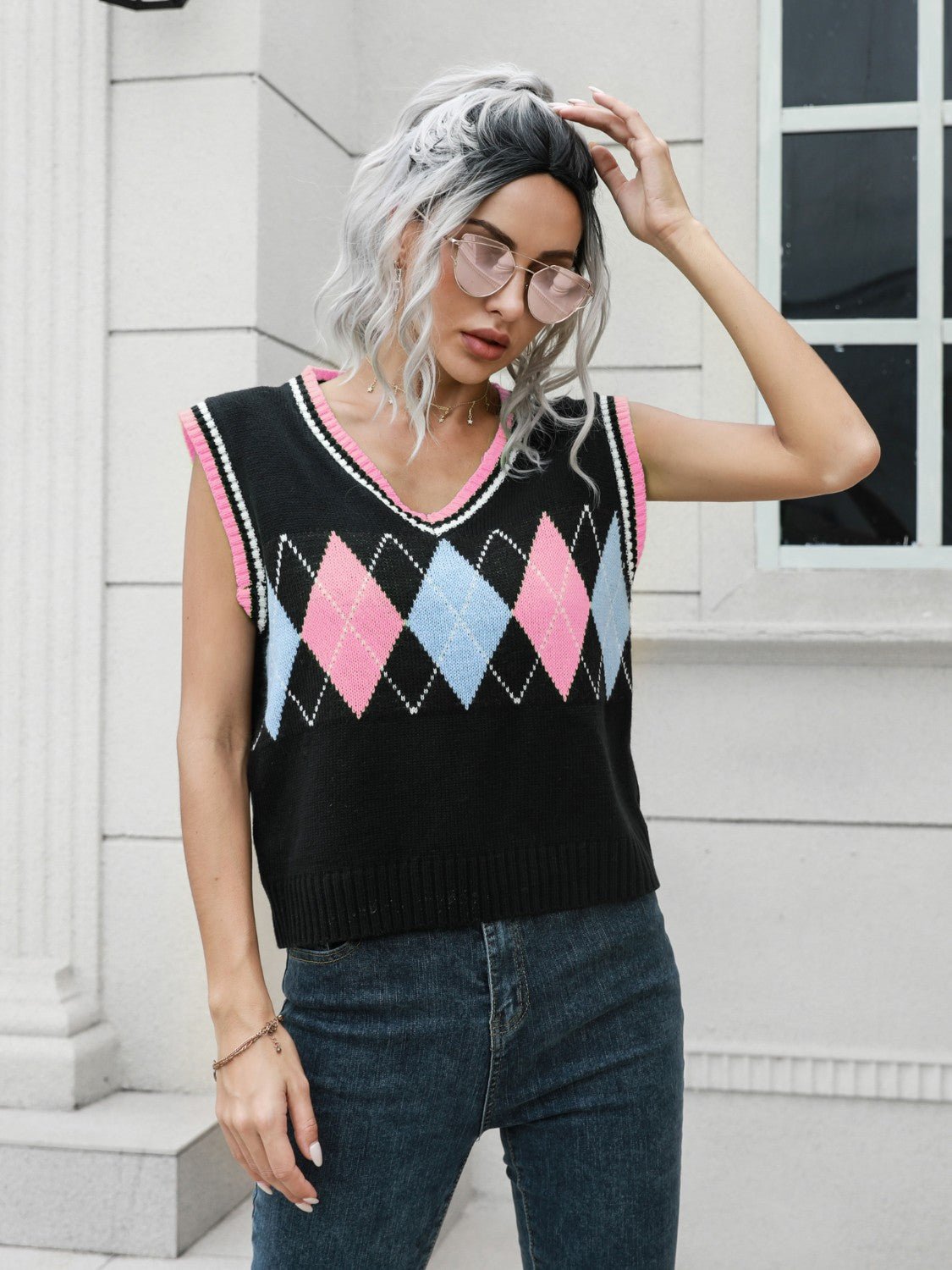 Geometric V-Neck Sweater Vest - Mad Gringa Hats & Boutique