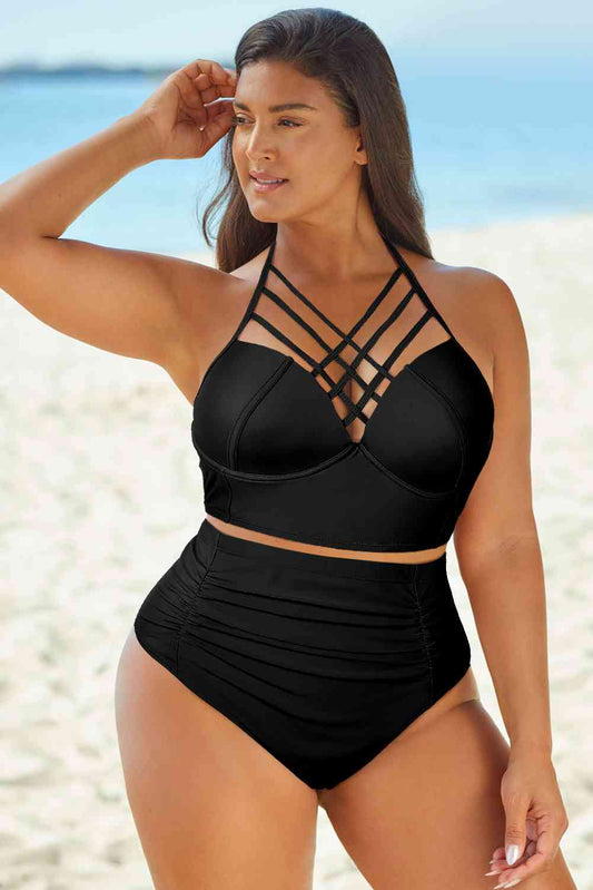 Halter Neck Crisscross Ruched Two-Piece Swimsuit - Mad Gringa Hats & Boutique