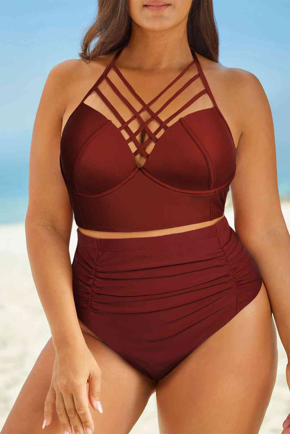 Halter Neck Crisscross Ruched Two-Piece Swimsuit - Mad Gringa Hats & Boutique