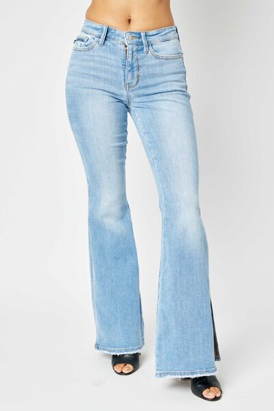 Judy Blue Full Size Mid Rise Raw Hem Slit Flare Jeans - Mad Gringa Hats & Boutique