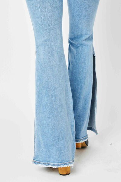 Judy Blue Full Size Mid Rise Raw Hem Slit Flare Jeans - Mad Gringa Hats & Boutique
