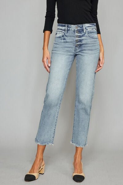 Kancan High Waist Button Fly Raw Hem Cropped Straight Jeans - Mad Gringa Hats & Boutique