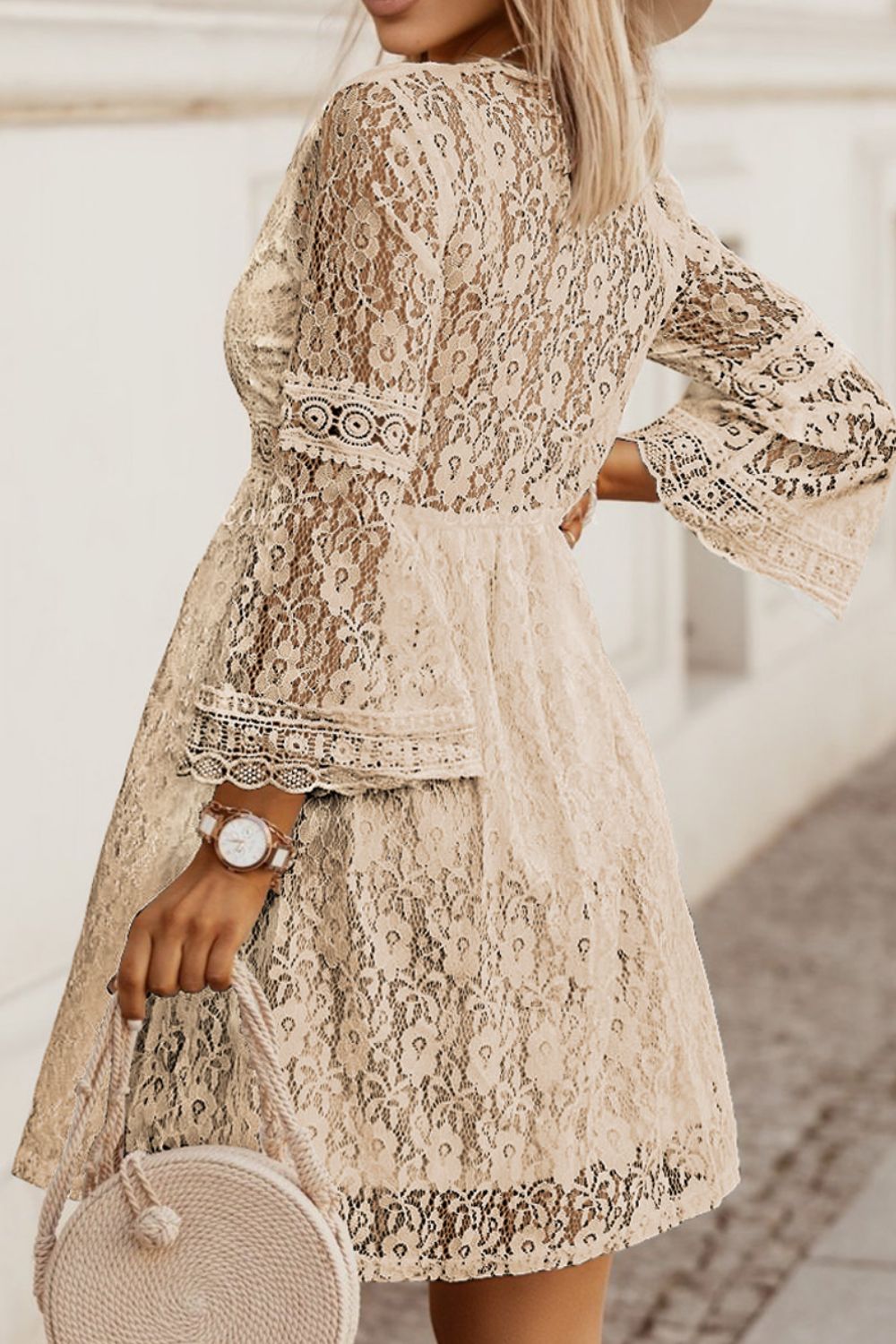 Lace V-Neck Three-Quarter Sleeve Dress - Mad Gringa Hats & Boutique