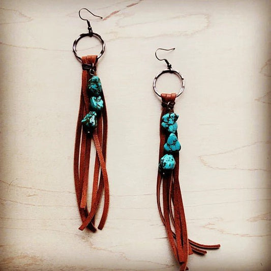 Leather Fringe Earrings with Turquoise Chunks - Mad Gringa Hats & Boutique