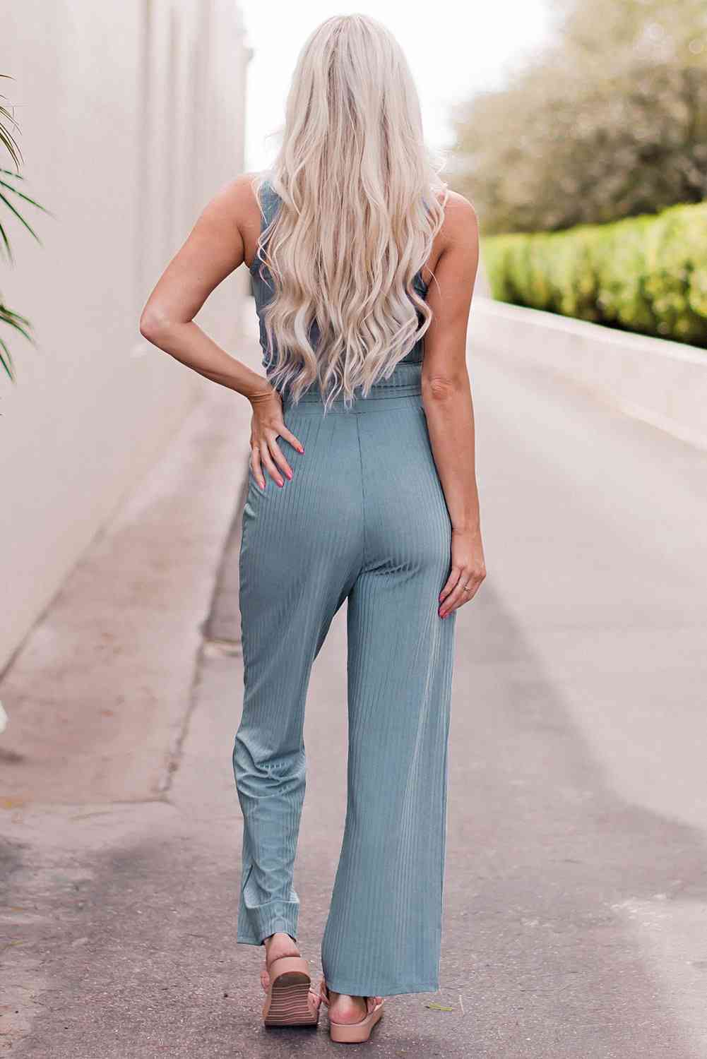 Notched Neck Tank Top and Tie Waist Wide Leg Long Pants Lounge Set - Mad Gringa Hats & Boutique