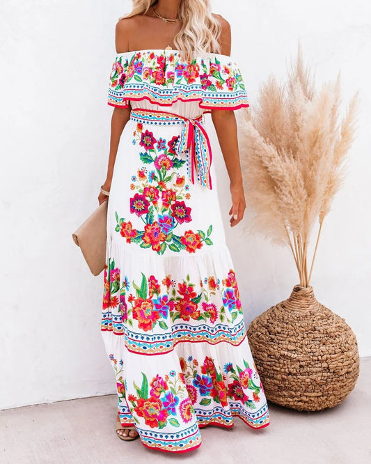 Off Shoulder Floral Print Maxi Dress - Mad Gringa Hats & Boutique