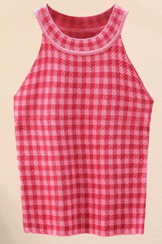 Plaid Round Neck Sleeveless Knit Top - Mad Gringa Hats & Boutique