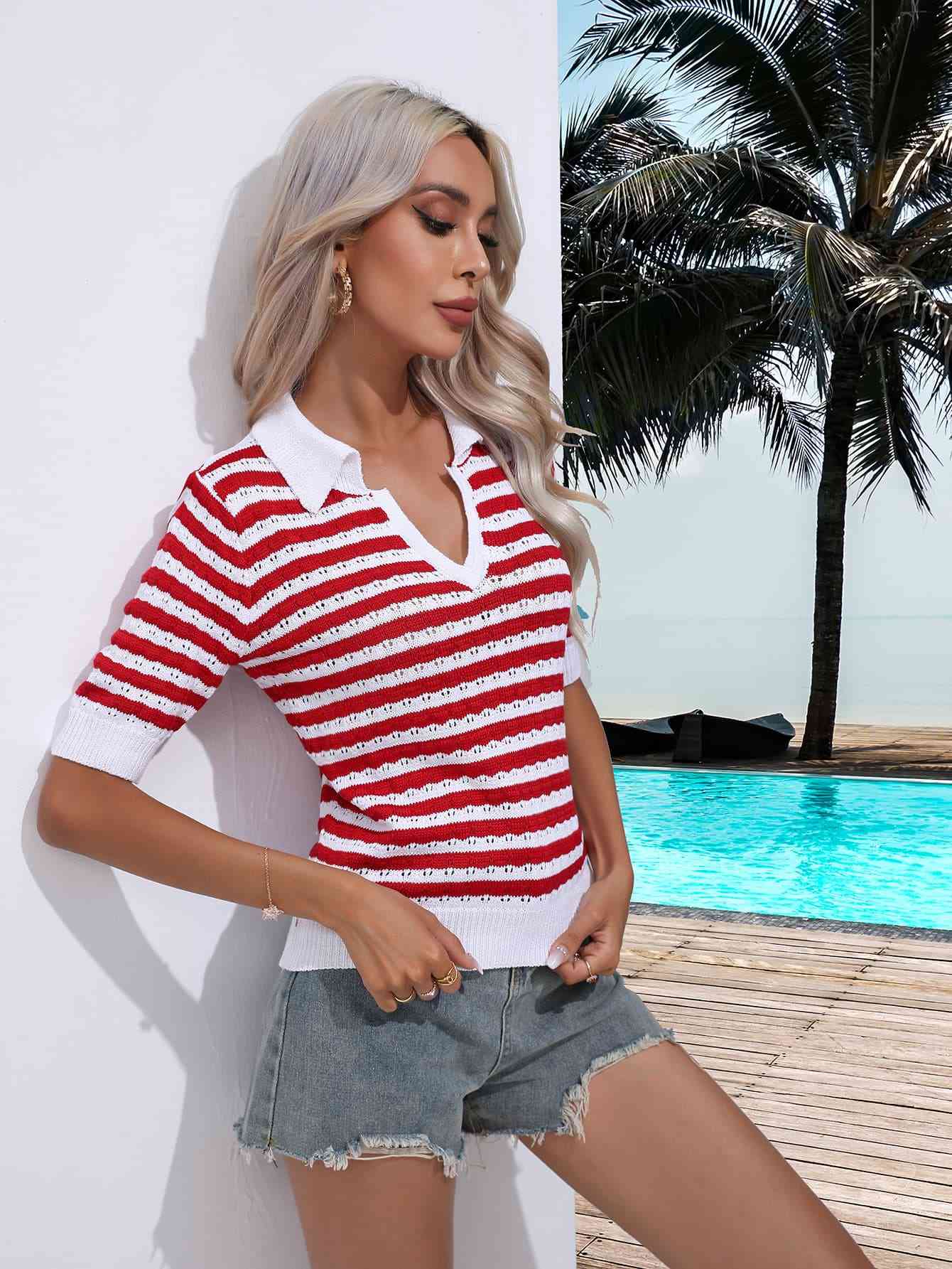 Striped Johnny Collar Half Sleeve Knit Top - Mad Gringa Hats & Boutique