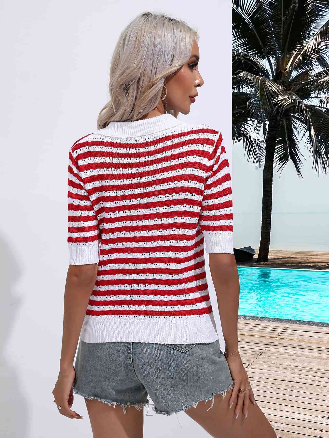 Striped Johnny Collar Half Sleeve Knit Top - Mad Gringa Hats & Boutique