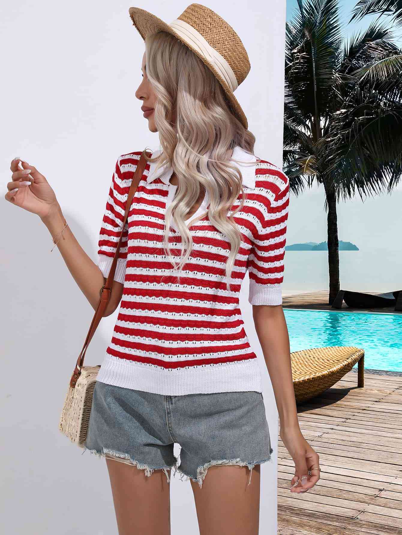 Striped Johnny Collar Half Sleeve Knit Top - Mad Gringa Hats & Boutique