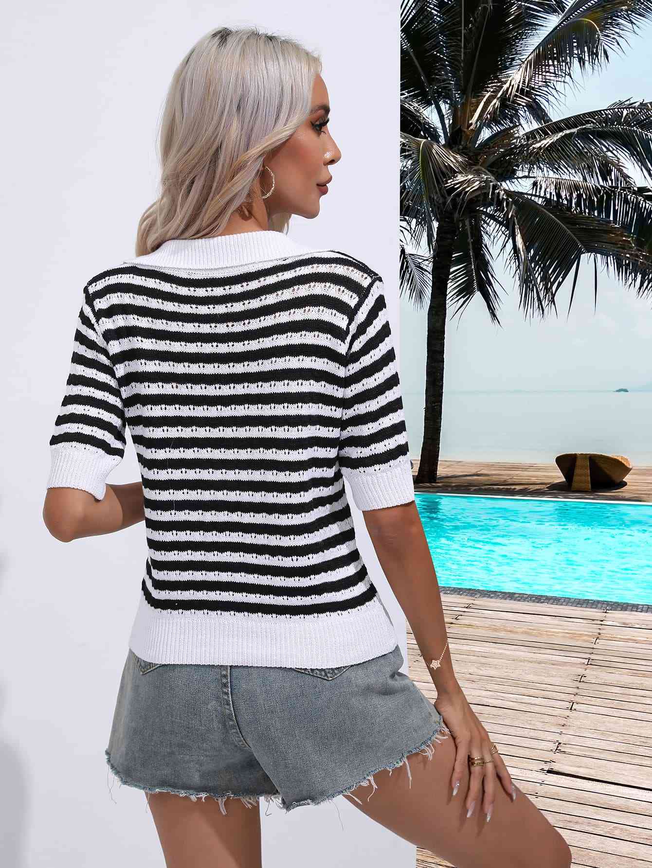Striped Johnny Collar Half Sleeve Knit Top - Mad Gringa Hats & Boutique