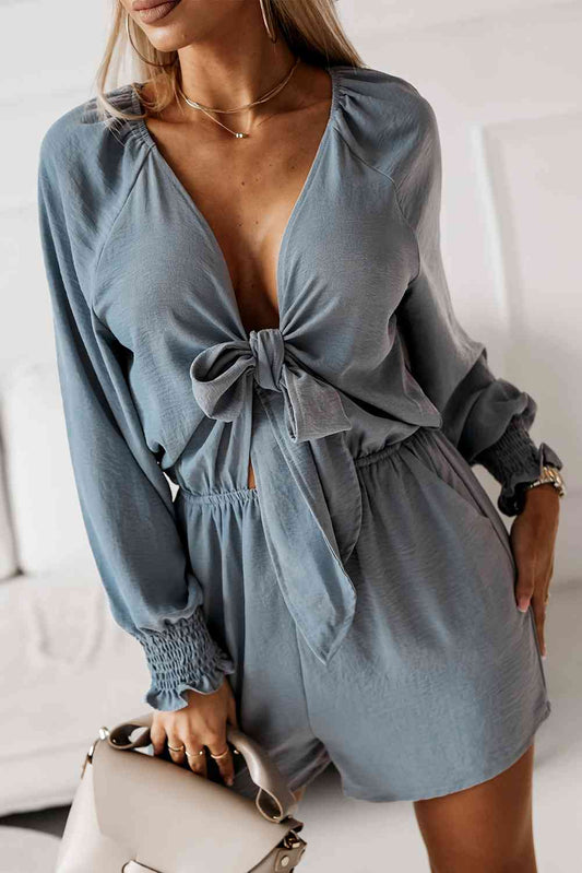 Tied Flounce Sleeve Plunge Romper - Mad Gringa Hats & Boutique