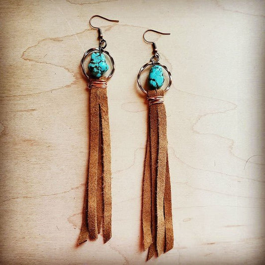Turquoise drop earrings w/ suede leather tassel - Mad Gringa Hats & Boutique